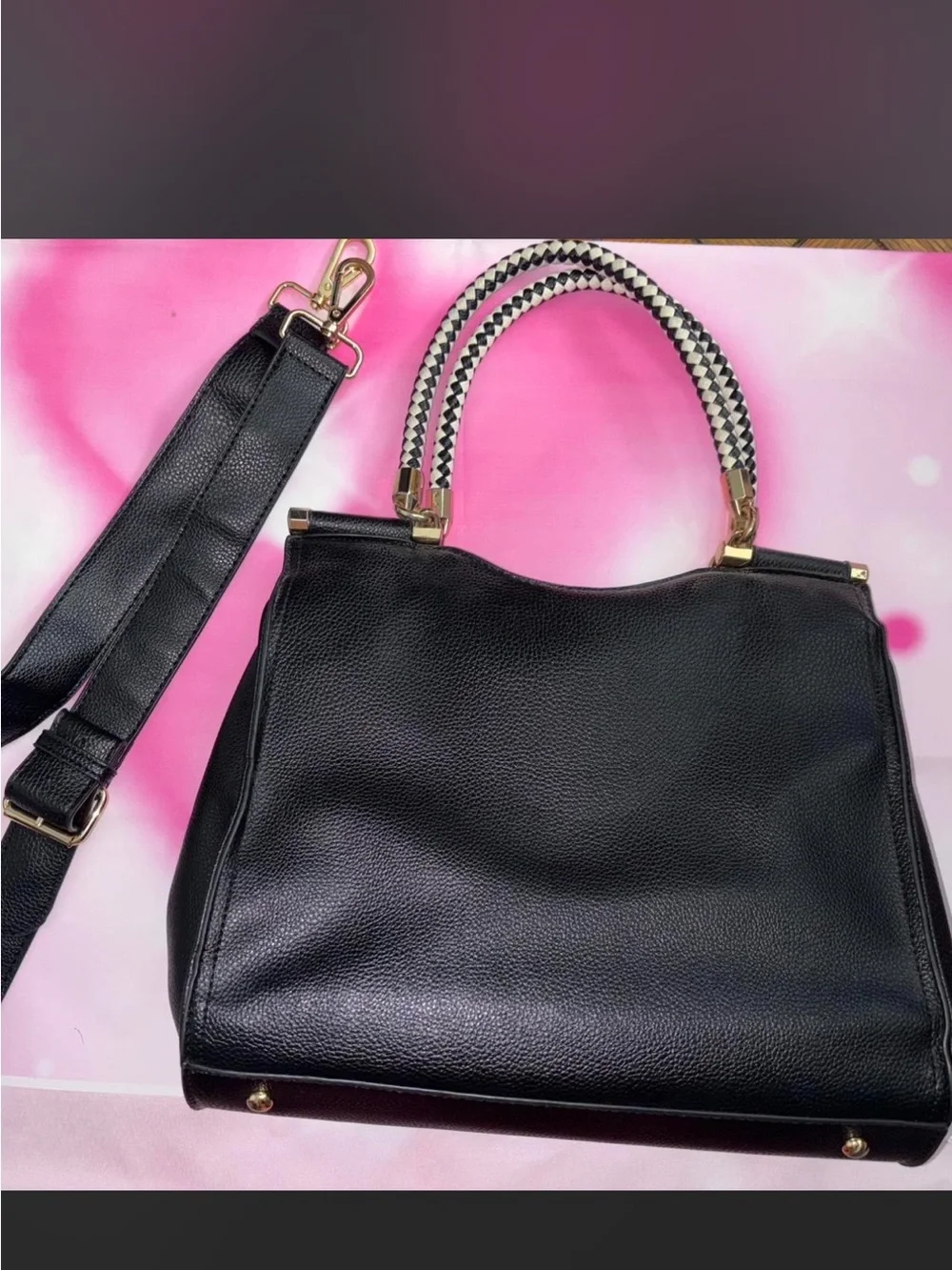 bebe Black Leather Satchel with Braided Top Handle & Removable Strap